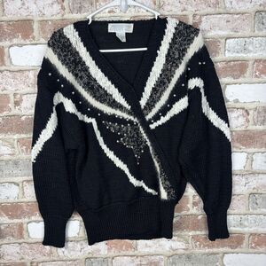 Vtg 80s Pearl Angora Blend V-Neck Sweater SIDE EFFECTS Women M Retro Glam